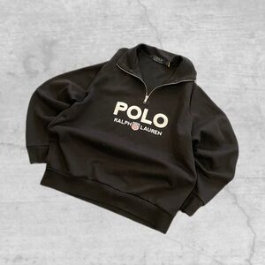 POLO RALPH LAUREN Men's Black 1967 Shield Logo Double Knit 1/4 Zip Sweatshirt